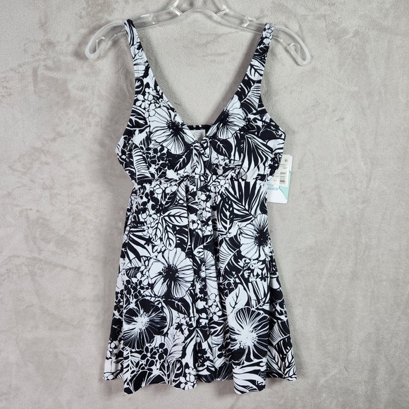 Swim Solutions Womens 10 Black Floral Flyaway Swimdress Tummy Control Resortwear - Picture 1 of 6